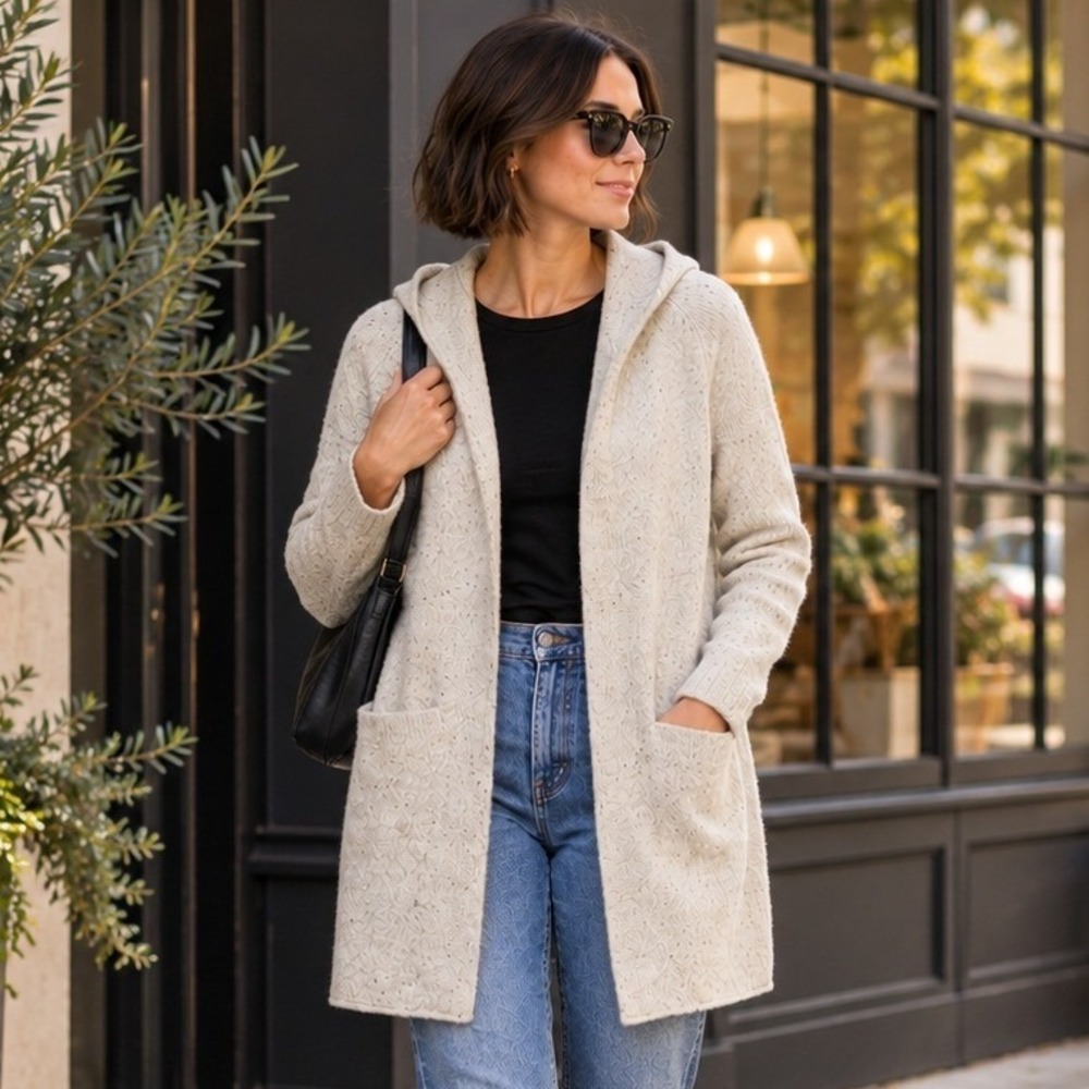 Tna Aritzia Womens Wool Longline Cardigan M Oatmeal Speckled Hooded Coatigan